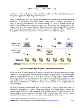 PM World Today – June 2010 (Vol XII, Issue VI)



performance for the product end user has created the need to move from the traditional program
management approach to Agile Program Management.

Figure 5 demonstrates the Agile Program Management environment from a product roadmap
perspective. In this example, two product lines are shown, each with a product line manager in
charge of a respective product line, and program managers in charge of the development and
launch of individual products within the product line. The product line manager ensures the
product vision is set and remains aligned to the business goals driving the need for the product
line, while the program managers ensure that the integrated and discrete software products are
developed and delivered in alignment to both the product vision and business goals.




                    Figure 5: Example Agile Program Management Environment

Within the Agile Program Management structure, the agile software development and release
cycles are an on-going process. In this example, releases occur on six-week increments and each
release is comprised of either two or three sprint outcomes. Sprint duration is determined by
feature content needed for coming releases. The program manager leads the product core team
comprised primarily of the agile project managers, release manager(s), product line manager, and
other functional representatives determined by the various elements of the integrated product
being developed.

The program manager coordinates the work of multiple project teams to ensure that the work is
aligned and aggregates in a product release that delivers the software features required for
product launch. Follow-on market releases provide additional features to Intel’s customers. By
using an agile program management approach, Intel’s customers gain value between product
launches by having access to the latest new features through the market releases.

© Copyright 2010 by the Program Management Academy and Steve Graykowski
PM World Today is a free monthly eJournal - Subscriptions available at http://www.pmworldtoday.net   Page 9
 