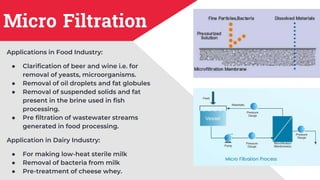 Micro Filtration
Applications in Food Industry:
● Clarification of beer and wine i.e. for
removal of yeasts, microorganisms.
● Removal of oil droplets and fat globules
● Removal of suspended solids and fat
present in the brine used in fish
processing.
● Pre filtration of wastewater streams
generated in food processing.
Application in Dairy Industry:
● For making low-heat sterile milk
● Removal of bacteria from milk
● Pre-treatment of cheese whey.
 
