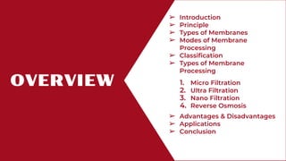 OVERVIEW
➢ Introduction
➢ Principle
➢ Types of Membranes
➢ Modes of Membrane
Processing
➢ Classification
➢ Types of Membrane
Processing
➢ Advantages & Disadvantages
➢ Applications
➢ Conclusion
1. Micro Filtration
2. Ultra Filtration
3. Nano Filtration
4. Reverse Osmosis
 