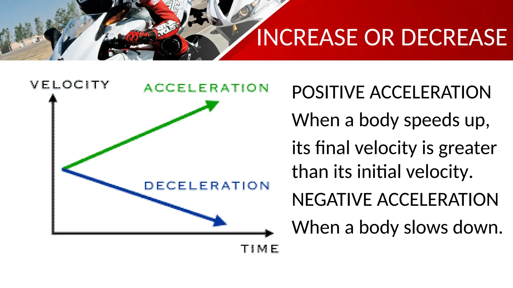INCREASE OR DECREASE
POSITIVE ACCELERATION
When a body speeds up,
its final velocity is greater
than its initial velocity.
NEGATIVE ACCELERATION
When a body slows down.
 