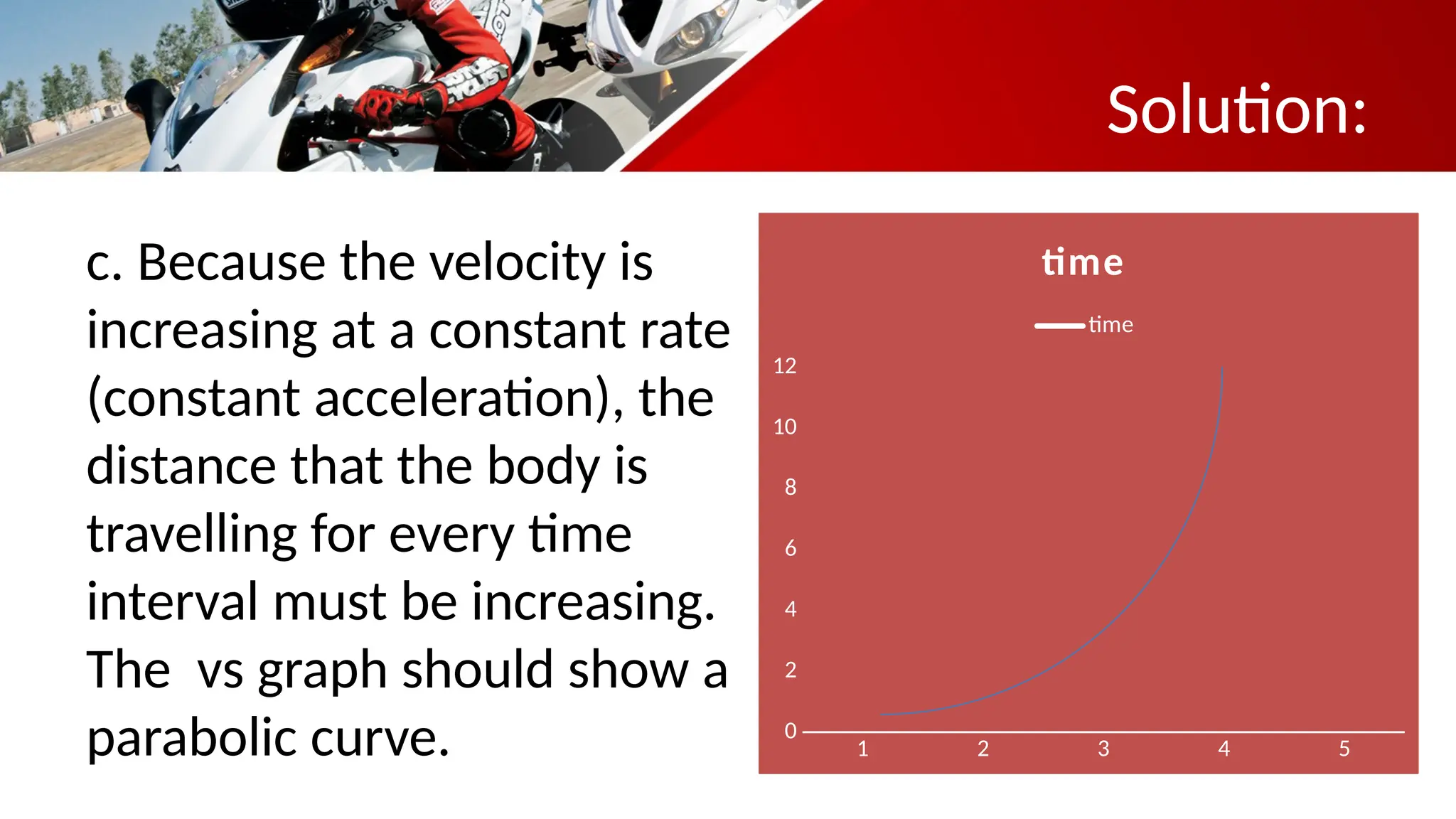 Solution:
c. Because the velocity is
increasing at a constant rate
(constant acceleration), the
distance that the body is
travelling for every time
interval must be increasing.
The vs graph should show a
parabolic curve. 1 2 3 4 5
0
2
4
6
8
10
12
time
time
 