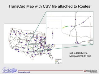I40 in Oklahoma Milepost 256 to 330 TransCad Map with CSV file attached to Routes