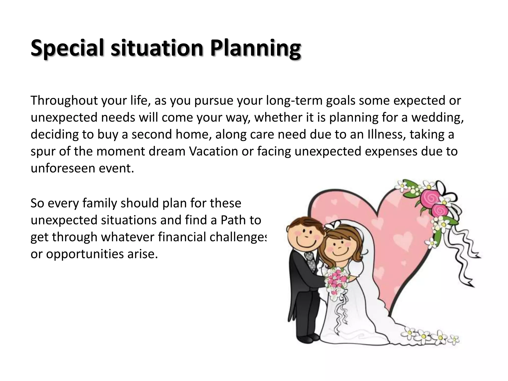 Special situation Planning
Throughout your life, as you pursue your long-term goals some expected or
unexpected needs will come your way, whether it is planning for a wedding,
deciding to buy a second home, along care need due to an Illness, taking a
spur of the moment dream Vacation or facing unexpected expenses due to
unforeseen event.
So every family should plan for these
unexpected situations and find a Path to
get through whatever financial challenges
or opportunities arise.
 