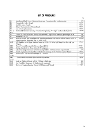 ix
LIST OF ANNEXURES
Page
1.1 Members of Task Force, Advisory Group and Consultancy Review Committee 170
2.1 Accessibility Index Details 171-172
2.2 Mobility Index Details 173-174
2.3 Salient Characteristics of Major Roads 175-176
3.1 List of Survey Locations 177-178
4.1 to
4.12
Sectional Details and Existing Volume of Originating Passenger Traffic in the Sections 179-190
6.1 Details of Services of other State Road Transport Corporations (SRTCs) operating in NCR 191
6.2 Members ASRTU 192
11.1 Relevant details and equations with regard to emission from traffic and air quality levels of
parameters cited above and that for noise levels
193-196
11.2 API Ranking of All Road Sections based on SPM, CO, NOx, RSPM and Leq (Day) & Leq
(Night)
197-199
12.1 Travel Demand Forecast for Horizon Year (2032) 200-213
14.1 Design Standards for Road Network Development 214-223
14.2 City-wise categorization of terminals along with the estimates of area requirement 224
14.3 Details of projects already taken up by Indian Railways in the National Capital Region 225-226
14.4
(i-ix)
Section-wise Travel Demand for RRTS Corridors 227-235
14.5
(i-vi)
Corridor-wise Station and Section Loadings (RORC) 236-241
16.1 Look-up Tables of Speed vs Unit VOC per vehicle-km 242
16.2 Net Cash Flow Statement for the Project is presented 243
18.1 Review of Various Existing Acts in NCR States and Abroad 244-253
 