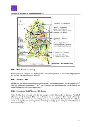Functional Plan on Transport for National Capital Region-2032
85
1. Education City (2000 acres)
2. SAMPLA TOWNSHIP
3. Cyber City (475 acres)
4. Bio-Sciences City (1375 acres)
5. Medi City (625 acres.)
7. Fashion City (1360 acres)
6. Jahangirpur - Badli New
Township
8. Entertainment City (865 acres)
9. World Trade City (650 acres.)
10. Dry Port City (720 acres)
11. Leather City (500 acres)
12. Leisure City (1875 acres)
Figure 13.1: KMP Global Corridor
13.1.4 Delhi-Meerut Expressway
Ministry of Road Transport and Highways has included this proposal as part of NHDP programme
and initiated action to implement the same.
13.1.5 New Rail Links
Railway has sanctioned work on Rewari-Jhajjar-Rohtak, Sonepat-Gohana-Jind, Tuglakabad-Palwal 4th
Line and Sahibabad-Anand Vihar 3rd
& 4th
line. It has also sanctioned survey for Meerut-Panipat and
Rewari-Bhiwari-Palwal Khurja rail corridors.
13.1.6 Extension of Delhi Metro to NCR Towns
Metro Rail has been extended to Noida. It is also proposed to be extended to Gurgaon, Faridabad,
Ghaziabad and Bahadurgarh. The work on Gurgaon line is in progress. This would enhance the
accessibility of these towns and surrounding areas and accelerate their development. It would also
result in changed mode choice patterns promoting travel by public transport and reduction in
personalized modes.
 