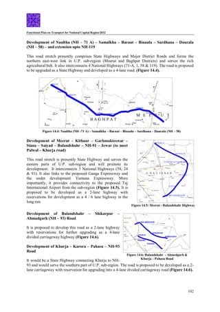 Functional Plan on Transport for National Capital Region-2032
102
Development of Naultha (NH – 71 A) – Samalkha – Baraut – Binaula – Sardhana – Daurala
(NH – 58) – and extension upto NH-119
This road stretch presently comprises State Highways and Major District Roads and forms the
northern east-west link in U.P. sub-region (Meerut and Baghpat Districts) and serves the rich
agricultural belt. It also interconnects 4 National Highways (71-A, 1, 58 & 119). The road is proposed
to be upgraded as a State Highway and developed as a 4-lane road. (Figure 14.4).
Development of Meerut – Kithaur – Garhmukteswar –
Siana – Saiyad – Bulandshahr – NH-91 – Jewar (to meet
Palwal – Khurja road)
This road stretch is presently State Highway and serves the
eastern parts of U.P. sub-region and will promote its
development. It interconnects 3 National Highways (58, 24
& 91). It also links to the proposed Ganga Expressway and
the under development Yamuna Expressway. More
importantly, it provides connectivity to the proposed Taj
International Airport from the sub-region (Figure 14.5). It is
proposed to be developed as a 2-lane highway with
reservations for development as a 4 / 6 lane highway in the
long run.
Development of Bulandshahr – Shikarpur –
Ahmadgarh (NH – 93) Road
It is proposed to develop this road as a 2-lane highway
with reservations for further upgrading as a 4-lane
divided carriageway highway (Figure 14.6).
Development of Khurja – Karora – Pahasu – NH-93
Road
It would be a State Highway connecting Khurja to NH-
93 and would serve the southern part of U.P. sub-region. The road is proposed to be developed as a 2-
lane carriageway with reservation for upgrading into a 4-lane divided carriageway road (Figure 14.6).
NAULTHA
Manana
SAMALKHA
Ganaur
Khas
Pur
Juan
Mohana
Murthal
Kotana
BARAUT
Modi
Puram RS
Phalavda
Lawar
Mulhaira
SARDHANA
Sakoti
RS
Daurala
BINAULA
Sarurpur
Chhaprauli
Kishanpur
Bavil
RS
Asimpur
Kheri RS
N
H
-1
NH-119
NH-71A
M E E R U T
B A G H P A T
Rasulpur
Rohta
Davathwa
Ailam
RS
N
R
NH-58
T
o
M
u
za
ff
a
rn
a
g
a
r
(N
H
-5
8
)
To
Shamli
(SH-57)
S
H
-8
2
S
H
-8
2
Shahpur
Figure 14.4: Naultha (NH -71 A) – Samalkha – Baraut – Binaula – Sardhana – Daurala (NH – 58)
MEERUT
GREATER NOIDA
Ajaibpur
Faridnagar
Modinagar
Bohla
Parichhatgarh
Bilaspur Jahangirabad
SAIYAD
Saidpur
SIYANA
GARHMUKTESHWAR
Kuchesar
Road RS Baksar
Kuchesar
KITHAUR
Kharkhauda
HAPUR
Pilkhua
Babugarh
Gulavthi
Khanpur
Sikandrabad
Niwari
Dankaur
BULANDSHAHR
NH-9
1
NH-24
NH-58
G H A Z I A B A D
Dasna
Dhaulana
Jarcha
Dankaur RS
Wair RS
SH
-14
SH
-18
SH
-6
5
SH
-65
MDR - 58
Bhojpur
DADRI
SH-18
Figure 14.5: Meerut - Bulandshahr Highway
Jhajhar
Khurja RS
KHURJA
KARORA
AHMADGARH
PAHASU
Arnia
Sikandarpur
Jahangirabad
Anupshahr
Ahar
Saiyad
Sikandrabad
SHIKARPUR
BULANDSHAHR
Dibai
Dankaur RS
To
A
lig
ar
h
(N
H-
91
)
To Moradabad
N
H
-9
3
SH-65
SH-63
MDR - 58
Figure 14.6: Bulandshahr - Ahmedgarh &
Khurja – Pahasu Road
 