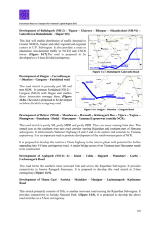 Functional Plan on Transport for National Capital Region-2032
103
Development of Ballabgarh (NH-2) – Tigaon – Gharora – Bilaspur – Sikandrabad (NH-91) –
Gulavthi (on Bulandshahr – Hapur SH)
This link will enable distribution of traffic destined to
Greater NOIDA, Hapur and other regional/sub-regional
centers in U.P. Sub-region. It also provides a route to
channelise non-destined traffic to NCTD and CNCR
towns. (Figure 14.7).The road is proposed to be
developed as a 4-lane divided carriageway.
Development of Jhajjar – Farrukhnagar
– Dhankot – Gurgaon – Faridabad road
This road stretch is presently part SH and
part MDR. It connects Faridabad (NH-2) –
Gurgaon (NH-8) with Jhajjar and enables
direct interaction amongst them. (Figure
14.8). The road is proposed to be developed
as 6-lane divided carriageway road.
Development of Behror (NH-8) – Mandawan – Harsauli – Kishangarh Bas – Tijara – Nagina –
Pinangwan – Punahana –Hodal – Hassanpur – Yamuna Expressway (outside NCR)
This road stretch is partly SH, partly MDR and partly ODR. There are some missing links also. This
stretch acts as the southern west-east road corridor serving Rajasthan and southern part of Haryana
sub-regions. It interconnects National Highways 8 and 2 and in its eastern end connects to Yamuna
expressway. It is an important road to promote development of the south-western parts of NCR.
It is proposed to develop this road as a 2-lane highway in the interim phase with potential for further
upgrading into 4/6 lane carriageway road. A major bridge across river Yamuna near Hassanpur needs
to be constructed.
Development of Ajabgarh (NH-11 A) – Khoh – Tehla – Rajgarh – Manohari – Garhi –
Lachmangarh Road
This road forms the southern most west-east link and serves the Rajasthan Sub-region. It provides
connectivity to Jamwa Ramgarh Sanctuary. It is proposed to develop this road stretch to 2-lane
carriageway (Figure 14.9).
Development of Thana Gazi – Sariska – Malakher – Maujpur – Lachmangarh –Kathumar
Road
This stretch primarily consists of SHs, is another west-east road serving the Rajasthan Sub-region. It
provides connectivity to Sariska National Park. (Figure 14.9). It is proposed to develop the above
road stretches as a 2-lane carriageway.
FARIDABAD
GHAZIABAD
DELHI
Loni Farrukhnagar
Badarpur
Tuglakabad
GREATER NOIDA
Surajpur
Ajaibpur
BALLABGARH
Mahrauli
Okhla
Shahdara
BILASPUR
HAPUR
Pilkhua
Babugarh
GULAVATHI
SIKANDRABAD
NOIDA
N
H-2
NH-91
NH-24
Dasna
Suraj
Kund
Badhkhal Lake
Dhaulana
Jarcha
Dankaur RS
Maripat
RS
DADRI
TIGAON GHRORA
SH-1
8
Figure 14.7: Ballabgarh-Gulavathi Road
FARIDABAD
DELHI
GURGAON
JHAJJAR
Badli
Bupania
Kasnl
Najafgarh
DHANKOT
FARRUKHNAGAR
Patauda
Sultanpur
Bird
Sanctuary
Badshahpur
Badarpur
Tuglakabad
Mahrauli
Okhla
Shahdara
Palam
RS
Harsaru
Patil
RS
N
H
-
8
N
H-2
Suraj
Kund
Badhkhal Lake
SH-20 SH-22
S
H
-1
5
A
SH-26
Kulana
Figure 14.8: Jhajjar – Dhankot – Gurgaon Road
 