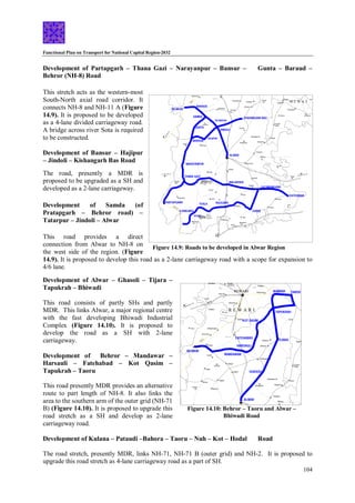 Functional Plan on Transport for National Capital Region-2032
104
Development of Partapgarh – Thana Gazi – Narayanpur – Bansur – Gunta – Baraud –
Behror (NH-8) Road
This stretch acts as the western-most
South-North axial road corridor. It
connects NH-8 and NH-11 A (Figure
14.9). It is proposed to be developed
as a 4-lane divided carriageway road.
A bridge across river Sota is required
to be constructed.
Development of Bansur – Hajipur
– Jindoli – Kishangarh Bas Road
The road, presently a MDR is
proposed to be upgraded as a SH and
developed as a 2-lane carriageway.
Development of Samda (of
Pratapgarh – Behror road) –
Tatarpur – Jindoli – Alwar
This road provides a direct
connection from Alwar to NH-8 on
the west side of the region. (Figure
14.9). It is proposed to develop this road as a 2-lane carriageway road with a scope for expansion to
4/6 lane.
Development of Alwar – Ghasoli – Tijara –
Tapukrah – Bhiwadi
This road consists of partly SHs and partly
MDR. This links Alwar, a major regional centre
with the fast developing Bhiwadi Industrial
Complex (Figure 14.10). It is proposed to
develop the road as a SH with 2-lane
carriageway.
Development of Behror – Mandawar –
Harsauli – Fatehabad – Kot Qasim –
Tapukrah – Taoru
This road presently MDR provides an alternative
route to part length of NH-8. It also links the
area to the southern arm of the outer grid (NH-71
B) (Figure 14.10). It is proposed to upgrade this
road stretch as a SH and develop as 2-lane
carriageway road.
Development of Kulana – Pataudi –Bahora – Taoru – Nuh – Kot – Hodal Road
The road stretch, presently MDR, links NH-71, NH-71 B (outer grid) and NH-2. It is proposed to
upgrade this road stretch as 4-lane carriageway road as a part of SH.
REWARI
ALWAR
Ramgarh
Milkapur
Baraud
MANDAWAR
HARSAULI
Gunta
Tatarpur
Jindoli
Hajipur
GHASOLI
Mubarikpur
Bahadurpur
Kishangarh Bas
Shahbach
Bhindusi
FATEHABAD
TIJARA
KOT QASIM
TAPUKRAH
Dharuhera TAROU
Nagina
Raoh
Firozpur
Jhirka
Nauganva
Nangal
Mundi RS
Zainabad
Kund
RS
Khori RS
Bharawas
BAWAL
BEHROR
Neemrana
Shahjahanpur
Khor
Madhan
Samda
Bansur
Indrara
Rampur
Harsora
R E W A R I
Tankri
N
H-
71
Ajarka RS
NH-8
BHIWADI
To Narnaul (SH -25)
Gotoli
SH-24
SH-26
S
H
-1
5
SH-26
Khalilpur
Figure 14.10: Behror – Taoru and Alwar –
Bhiwadi Road
ALWAR
RAJGARH
MALAKHER
Sariska
National
Park
Baleta
Sariska
Akbarpur
Mahwa
Maujpur
Buntoli
Garh
LACHMANGARH
Ramgarh
Milkapur
Bagar Meo
Jamwa
Ramgarh
Sanctuary
PARTAPGARH
THANA GAZI
Nangal
Bani
BARAUD
Mandawar
Harsauli
GUNTA
TATARPUR
JINDOLI
HAJIPUR
Ghasoli
Mubarikpur
Bahadurpur
KISHANGARH BAS
Shahbach
Bhindusi
Fatehabad TIJARA
Bhadas
Nagina
Sakras Punahana
Raoh
Firozpur
Jhirka
Nauganva
BEHROR
Neemrana
SAMDA
BANSUR
Indrara
Rampur
NARAYANPUR
Harsora
Bamanwas
TEHLA
KHOH
AJABGARH
Dhamrer
BASWA
Manoheri
GARHI
Baseth
Jaharu
KATHUMAR
Garu
Reni
Naranpura
RS
Biwal
Baldeogarh
M E W A T
Nagar
Govidgarh
Pinangwan
Ajarka RS
NH-8
T
o
Ja
ip
u
r
(N
H
-8
)
To Jaipur (SH-13)
To
J
aipu
r
(SH
-25
)
To Mathura (SH-14)
NH-11A
Figure 14.9: Roads to be developed in Alwar Region
 