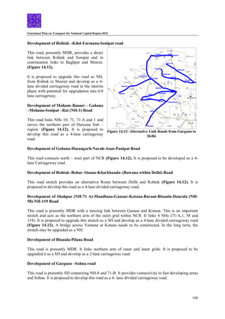 Functional Plan on Transport for National Capital Region-2032
106
Development of Rohtak –Kilol-Farmana-Sonipat road
This road, presently MDR, provides a direct
link between Rohtak and Sonipat and in
continuation links to Baghpat and Meerut.
(Figure 14.12).
It is proposed to upgrade this road as NH,
from Rohtak to Meerut and develop as a 4-
lane divided carriageway road in the interim
phase with potential for upgradation into 6/8
lane carriageway.
Development of Maham–Banasi – Gohana
–Mohana-Sonipat –Rai (NH-1) Road
This road links NHs 10, 71, 71-A and 1 and
serves the northern part of Haryana Sub –
region. (Figure 14.12). It is proposed to
develop this road as a 4-lane carriageway
road.
Development of Gohana-Hasangarh-Narah-Asan-Panipat Road
This road connects north – west part of NCR (Figure 14.12). It is proposed to be developed as a 4-
lane Carriageway road.
Development of Rohtak–Bohar–Sisana-Kharkhauda–(Bawana within Delhi) Road
This road stretch provides an alternative Route between Delhi and Rohtak (Figure 14.12). It is
proposed to develop this road as a 4-lane divided carriageway road.
Development of Shahpur (NH-71 A)-Mundlana-Ganaur-Kotana-Baraut-Binanla-Daurala (NH-
58)-NH-119 Road
This road is presently MDR with a missing link between Ganaur and Kotana. This is an important
stretch and acts as the northern arm of the outer grid within NCR. It links 4 NHs (71-A,1, 58 and
119). It is proposed to upgrade this stretch as a SH and develop as a 4-lane divided carriageway road
(Figure 14.12). A bridge across Yamuna at Kotana needs to be constructed. In the long term, the
stretch may be upgraded as a NH.
Development of Binaula-Pilana Road
This road is presently MDR. It links northern arm of outer and inner grids. It is proposed to be
upgraded it as a SH and develop as a 2-lane carriageway road.
Development of Gurgaon –Sohna road
This road is presently SH connecting NH-8 and 71-B. It provides connectivity to fast developing areas
and Sohna. It is proposed to develop this road as a 6- lane divided carriageway road.
PANIPAT
DELHI
JHAJJAR
Babarpur
Asan
RS
Karsindhu
RS
NAULTHA
NARAH
Manana
SAMALKHA
GOHANA
GANAUR
Bapauli
Khas
Pur
Juan
MOHANA
Barauda
Butana
Siwana Mal
Murthal
KOTANA
FARMANA
Silana
Ratdhana
RS
KHARKHAUDA
SISANA
Narela
Bawana
Shakur Basti
Nangloi
Loni
Badli
Chuchajwas
Bupania
BAHADURGARH
Dujana
Dubaldhan
Jahazgarh
Matanhel
Najafgarh
Asauda
Chhara
Dighal SAMPLA
BOHAR
Sanghi
BANASAI
MAHAM
Kharanti
RS
Samar
Gopalpur RS
Madina
Kharak
Kalanaur
Lahll
KILOL
Qilazafargarh
MUNDLANA
Palam
RS
RAI
Kahnaur
Bari
Khas
Sarurpur
Chhaprauli
Kishanpur
BAGHPAT
Sherah
NH-10
NH
-7
1
SONIPAT
NH
-1
NH-7
1A
To Charkhi Dadri (SH-20)
S O N I P A T
D E L H I
Sujra
RS
Kahrawar
RS
NH-10
N
H
-7
1
ASAN
To Jind (SH-14)
To Muzaffarnagar (SH-16)
To
Jind (SH-10)
T
o
J
in
d
(N
H
-7
1
)
To
Hani (NH-10)
To Bhiwani (SH-16)
To
Shamli
(SH-57)
KUNDLI
SH- 11
SH-11
SHAHPUR
SH-20
SH
-20
SH-22
SH
-16 A
SH-15
A
SH
-10
SH-20
SH-
11
SH-14
SH-16
Niwara
HASANGARH
Rindhana
S
H
-
57
Figure 14.12: Alternative Link Roads from Gurgaon to
Delhi
 