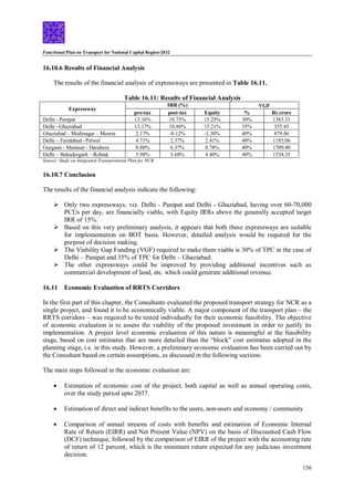 Functional Plan on Transport for National Capital Region-2032
156
16.10.6 Results of Financial Analysis
The results of the financial analysis of expressways are presented in Table 16.11.
Table 16.11: Results of Financial Analysis
Expressway
IRR (%) VGF
pre-tax post-tax Equity % Rs crore
Delhi - Panipat 13.16% 10.73% 15.25% 30% 1385.33
Delhi –Ghaziabad 13.17% 10.84% 15.21% 35% 355.45
Ghaziabad – Modinagar – Meerut 2.17% -0.12% -1.30% 40% 879.46
Delhi – Faridabad –Palwal 4.71% 2.37% 2.41% 40% 1185.06
Gurgaon - Manesar - Daruhera 8.88% 6.37% 8.78% 40% 1709.40
Delhi – Bahadurgarh – Rohtak 5.98% 3.68% 4.40% 40% 1534.35
Source: Study on Integrated Transportation Plan for NCR
16.10.7 Conclusion
The results of the financial analysis indicate the following:
 Only two expressways, viz. Delhi - Panipat and Delhi - Ghaziabad, having over 60-70,000
PCUs per day, are financially viable, with Equity IRRs above the generally accepted target
IRR of 15%.
 Based on this very preliminary analysis, it appears that both these expressways are suitable
for implementation on BOT basis. However, detailed analysis would be required for the
purpose of decision making.
 The Viability Gap Funding (VGF) required to make them viable is 30% of TPC in the case of
Delhi – Panipat and 35% of TPC for Delhi – Ghaziabad.
 The other expressways could be improved by providing additional incentives such as
commercial development of land, etc. which could generate additional revenue.
16.11 Economic Evaluation of RRTS Corridors
In the first part of this chapter, the Consultants evaluated the proposed transport strategy for NCR as a
single project, and found it to be economically viable. A major component of the transport plan – the
RRTS corridors – was required to be tested individually for their economic feasibility. The objective
of economic evaluation is to assess the viability of the proposed investment in order to justify its
implementation. A project level economic evaluation of this nature is meaningful at the feasibility
stage, based on cost estimates that are more detailed than the “block” cost estimates adopted in the
planning stage, i.e. in this study. However, a preliminary economic evaluation has been carried out by
the Consultant based on certain assumptions, as discussed in the following sections.
The main steps followed in the economic evaluation are:
 Estimation of economic cost of the project, both capital as well as annual operating costs,
over the study period upto 2037.
 Estimation of direct and indirect benefits to the users, non-users and economy / community
 Comparison of annual streams of costs with benefits and estimation of Economic Internal
Rate of Return (EIRR) and Net Present Value (NPV) on the basis of Discounted Cash Flow
(DCF) technique, followed by the comparison of EIRR of the project with the accounting rate
of return of 12 percent, which is the minimum return expected for any judicious investment
decision.
 