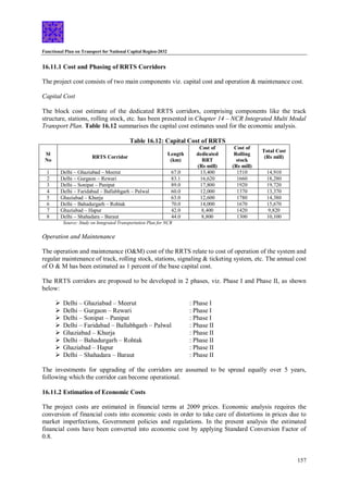 Functional Plan on Transport for National Capital Region-2032
157
16.11.1 Cost and Phasing of RRTS Corridors
The project cost consists of two main components viz. capital cost and operation & maintenance cost.
Capital Cost
The block cost estimate of the dedicated RRTS corridors, comprising components like the track
structure, stations, rolling stock, etc. has been presented in Chapter 14 – NCR Integrated Multi Modal
Transport Plan. Table 16.12 summarises the capital cost estimates used for the economic analysis.
Table 16.12: Capital Cost of RRTS
Sl
No
RRTS Corridor
Length
(km)
Cost of
dedicated
RRT
(Rs mill)
Cost of
Rolling
stock
(Rs mill)
Total Cost
(Rs mill)
1 Delhi – Ghaziabad – Meerut 67.0 13,400 1510 14,910
2 Delhi – Gurgaon – Rewari 83.1 16,620 1660 18,280
3 Delhi – Sonipat – Panipat 89.0 17,800 1920 19,720
4 Delhi – Faridabad – Ballabhgarh – Palwal 60.0 12,000 1370 13,370
5 Ghaziabad – Khurja 63.0 12,600 1780 14,380
6 Delhi – Bahadurgarh – Rohtak 70.0 14,000 1670 15,670
7 Ghaziabad – Hapur 42.0 8,400 1420 9,820
8 Delhi – Shahadara – Baraut 44.0 8,800 1300 10,100
Source: Study on Integrated Transportation Plan for NCR
Operation and Maintenance
The operation and maintenance (O&M) cost of the RRTS relate to cost of operation of the system and
regular maintenance of track, rolling stock, stations, signaling & ticketing system, etc. The annual cost
of O & M has been estimated as 1 percent of the base capital cost.
The RRTS corridors are proposed to be developed in 2 phases, viz. Phase I and Phase II, as shown
below:
 Delhi – Ghaziabad – Meerut : Phase I
 Delhi – Gurgaon – Rewari : Phase I
 Delhi – Sonipat – Panipat : Phase I
 Delhi – Faridabad – Ballabhgarh – Palwal : Phase II
 Ghaziabad – Khurja : Phase II
 Delhi – Bahadurgarh – Rohtak : Phase II
 Ghaziabad – Hapur : Phase II
 Delhi – Shahadara – Baraut : Phase II
The investments for upgrading of the corridors are assumed to be spread equally over 5 years,
following which the corridor can become operational.
16.11.2 Estimation of Economic Costs
The project costs are estimated in financial terms at 2009 prices. Economic analysis requires the
conversion of financial costs into economic costs in order to take care of distortions in prices due to
market imperfections, Government policies and regulations. In the present analysis the estimated
financial costs have been converted into economic cost by applying Standard Conversion Factor of
0.8.
 
