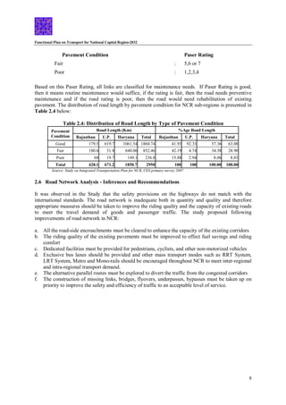 Functional Plan on Transport for National Capital Region-2032
8
Pavement Condition Paser Rating
Fair : 5,6 or 7
Poor : 1,2,3,4
Based on this Paser Rating, all links are classified for maintenance needs. If Paser Rating is good,
then it means routine maintenance would suffice, if the rating is fair, then the road needs preventive
maintenance and if the road rating is poor, then the road would need rehabilitation of existing
pavement. The distribution of road length by pavement condition for NCR sub-regions is presented in
Table 2.4 below:
Table 2.4: Distribution of Road Length by Type of Pavement Condition
Pavement
Condition
Road Length (Km) %Age Road Length
Rajasthan U.P. Haryana Total Rajasthan U.P. Haryana Total
Good 179.5 619.7 1061.54 1860.74 41.93 92.33 57.36 63.08
Fair 180.6 31.8 640.06 852.46 42.19 4.74 34.58 28.90
Poor 68 19.7 149.1 236.8 15.88 2.94 8.06 8.03
Total 428.1 671.2 1850.7 2950 100 100 100.00 100.00
Source: Study on Integrated Transportation Plan for NCR, CES primary survey 2007
2.6 Road Network Analysis - Inferences and Recommendations
It was observed in the Study that the safety provisions on the highways do not match with the
international standards. The road network is inadequate both in quantity and quality and therefore
appropriate measures should be taken to improve the riding quality and the capacity of existing roads
to meet the travel demand of goods and passenger traffic. The study proposed following
improvements of road network in NCR:
a. All the road-side encroachments must be cleared to enhance the capacity of the existing corridors
b. The riding quality of the existing pavements must be improved to effect fuel savings and riding
comfort
c. Dedicated facilities must be provided for pedestrians, cyclists, and other non-motorized vehicles
d. Exclusive bus lanes should be provided and other mass transport modes such as RRT System,
LRT System, Metro and Mono-rails should be encouraged throughout NCR to meet inter-regional
and intra-regional transport demand.
e. The alternative parallel routes must be explored to divert the traffic from the congested corridors
f. The construction of missing links, bridges, flyovers, underpasses, bypasses must be taken up on
priority to improve the safety and efficiency of traffic to an acceptable level of service.
 