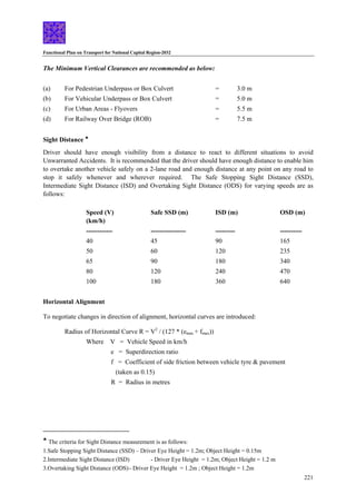 Functional Plan on Transport for National Capital Region-2032
221
The Minimum Vertical Clearances are recommended as below:
(a) For Pedestrian Underpass or Box Culvert = 3.0 m
(b) For Vehicular Underpass or Box Culvert = 5.0 m
(c) For Urban Areas - Flyovers = 5.5 m
(d) For Railway Over Bridge (ROB) = 7.5 m
Sight Distance ♣
Driver should have enough visibility from a distance to react to different situations to avoid
Unwarranted Accidents. It is recommended that the driver should have enough distance to enable him
to overtake another vehicle safely on a 2-lane road and enough distance at any point on any road to
stop it safely whenever and wherever required. The Safe Stopping Sight Distance (SSD),
Intermediate Sight Distance (ISD) and Overtaking Sight Distance (ODS) for varying speeds are as
follows:
Speed (V) Safe SSD (m) ISD (m) OSD (m)
(km/h)
------------ ---------------- --------- ----------
40 45 90 165
50 60 120 235
65 90 180 340
80 120 240 470
100 180 360 640
Horizontal Alignment
To negotiate changes in direction of alignment, horizontal curves are introduced:
Radius of Horizontal Curve R = V2
/ (127 * (emax + fmax))
Where V = Vehicle Speed in km/h
e = Superdirection ratio
f = Coefficient of side friction between vehicle tyre & pavement
(taken as 0.15)
R = Radius in metres
♣
The criteria for Sight Distance measurement is as follows:
1.Safe Stopping Sight Distance (SSD) – Driver Eye Height = 1.2m; Object Height = 0.15m
2.Intermediate Sight Distance (ISD) - Driver Eye Height = 1.2m; Object Height = 1.2 m
3.Overtaking Sight Distance (ODS)- Driver Eye Height = 1.2m ; Object Height = 1.2m
 