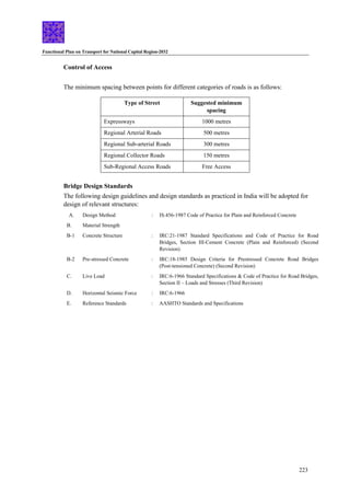 Functional Plan on Transport for National Capital Region-2032
223
Control of Access
The minimum spacing between points for different categories of roads is as follows:
Type of Street Suggested minimum
spacing
Expressways 1000 metres
Regional Arterial Roads 500 metres
Regional Sub-arterial Roads 300 metres
Regional Collector Roads 150 metres
Sub-Regional Access Roads Free Access
Bridge Design Standards
The following design guidelines and design standards as practiced in India will be adopted for
design of relevant structures:
A. Design Method : IS:456-1987 Code of Practice for Plain and Reinforced Concrete
B. Material Strength
B-1 Concrete Structure : IRC:21-1987 Standard Specifications and Code of Practice for Road
Bridges, Section III-Cement Concrete (Plain and Reinforced) (Second
Revision)
B-2 Pre-stressed Concrete : IRC:18-1985 Design Criteria for Prestressed Concrete Road Bridges
(Post-tensioned Concrete) (Second Revision)
C. Live Load : IRC:6-1966 Standard Specifications & Code of Practice for Road Bridges,
Section II – Loads and Stresses (Third Revision)
D. Horizontal Seismic Force : IRC:6-1966
E. Reference Standards : AASHTO Standards and Specifications
 