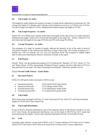Functional Plan on Transport for National Capital Region-2032
18
(ii) Trip Length - by modes
Trip lengths by modes indicate the intensity of usage of a mode and by implication its functional role. The
average trip length of 2-wheelers and 3-wheelers (Auto-rickshaws) were low at 13.99 km and 13.35 km.
Cars had a longer trip length of 125 km. Standard buses had the longest trip length of 191 km.
(iii) Trip Length frequency – by modes
Nearly 95% of 2-wheeler and 3-wheeler modes had a trip length of only upto 25 km. Car modes had fairly
distributed trip lengths. Nearly 42% of buses had trip lengths in the range 100 – 250 km. Almost 41% of
mini buses had trip lengths in the range 25-50 km and 30% in the range 50-100 km.
(iv) Average Occupancy - by modes
The occupancy of a mode, by number of people, indicates the intensity of use of the mode in terms of
movement of people. It also indicates the efficiency of usage of the mode. The average occupancy of 2-
wheeler was 1.68, of 3-wheeler was 3.55, cars 3.23 and buses 40.44. The occupancy is slightly higher
than in urban areas indicating the intensive utilization of modes in the region.
(v) Trip Purpose
Overall, ‘Work’ was the predominant purpose (19.1%) followed by ‘Business’ (17.2%), ‘Social’ (11.7%)
and ‘Return Home’ (14.0%). Interestingly ‘Religious/Tourism’ purpose showed a high share (10.5%) in
trips performed by car mode. The share of passengers travelling for ‘Education’ purpose was low.
3.2.1.2 Overall Traffic Pattern – Goods Modes
(i) Movement Pattern
Of the 2,81,698 goods modes movement in NCR in a day,
 Internal-Internal (II) : 39.9% (both O & D within NCR)
 Internal-External (IE) : 27.6% (Origin within NCR)
 External-Internal (EI) : 27.4% (Destination within NCR)
 External-External (EE) : 5.1% (both O & D outside NCR)
(ii) Trip Length
MAVs had a long trip length of 685 km, 2/3 Axle Trucks had 321 km, while LCV and Tractors had trip
lengths of 154 km and 51 kms respectively.
(iii) Trip Length Distribution
In case of MAVs, dominant distributions were in the frequency bands of 100-250 km and above. In case
of 2/3 Axle Trucks, the predominant distributions were in the bands of 500-750 km. LCV modes had
fairly distributed trip lengths. Tractors had a dominant distribution (44.64% in the band 0-25 km).
(iv) Load
Excluding empty vehicles, average load of MAVs was 11.7 tonnes and those of 2/3 trucks was 9.3 tonnes,
while for LCV and Tractor, these values were found to be 4.4 tonnes and 2.3 tonnes respectively.
 