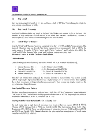 Functional Plan on Transport for National Capital Region-2032
26
(ii) Trip Length
Cars had an average trip length of 151 km and buses a high of 229 km. This indicates the relatively
large vehicle-kms of travel in NCR.
(iii) Trip Length Frequency
Nearly 40% of Buses had a trip length in the band 100-250 km, and another 26.7% in the band 250-
500 km. A large share (98.4%) of Cars was in the bands upto 500 km. 2-wheeler (97.7%) and 3-
wheelers(99.7%) were mainly of short trip length in the band 0-25 km.
(iv) Vehicle Trips by Purpose
Overall, ‘Work’ and ‘Business’ purpose accounted for a share of 15.8% and 20.3% respectively. The
share of Education trips was low (2.4%). Social purpose trips were reasonably high at 13.3%. By
mode, share of 2-wheeler (21% for ‘work’ and 34% for ‘business’) and 3-wheeler trips (46% for
‘work’ and 26% for ‘business’) for ‘work’ and ‘business’ purpose were very high.
Movement Pattern at Middle Cordon – Goods Modes
Overall Pattern
Of the 67,859 goods modes crossing the counts stations at CNCR Middle Cordon in a day,
 Internal-External (IE) : 46.8% (Origin within CNCR)
 External-Internal (EI) : 41.8% (Destination within CNCR)
 External-External (EE) : 7.2% (both O & D outside CNCR)
 Internal-Internal (II) : 4.2% (both O & D inside CNCR)
The share of external trips indicated the potential need for a bypass/orbital road system around
CNCR. Surprisingly, Agricultural Tractors had a higher share 8.6% of EE movements. This might be
due to their movements in the peripheral areas as denoted by their average trip length, which was the
lowest amongst the goods modes.
Inter Spatial Movement Pattern
The inter spatial movement pattern indicated a very high share (62%) of movements between Outside
CNCR and NCTD. This indicated the high generation character of NCTD. Surprisingly the share of
movements between CNCR and NCTD was a low of 2.0%.
Inter-Spatial Movement Pattern of Goods Modes by Type
By each mode type, a high share of movement was observed between outside CNCR & NCTD
(Outside CNCR includes Rest of NCR and Outside NCR). The share ranged from 48.8% (Agr.
Tractors) to 65% (HCVs). There was a high degree of interaction between CNCR and Rest of NCR
and CNCR and Outside NCR. Figure 3.8 depicts the inter-spatial movement pattern of goods mode
(out of a total of 67,859 vehicles).
 
