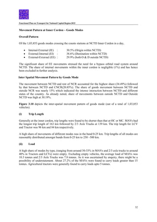Functional Plan on Transport for National Capital Region-2032
32
Movement Pattern at Inner Cordon – Goods Modes
Overall Pattern
Of the 1,03,853 goods modes crossing the counts stations at NCTD Inner Cordon in a day,
 Internal-External (IE) : 30.5% (Origin within NCTD)
 External-Internal (EI) : 38.6% (Destination within NCTD)
 External-External (EE) : 29.9% (both O & D outside NCTD)
The significant share of EE movements stressed the need for a bypass orbital road system around
NCTD. The share of internal movements within the inner cordon is negligible (1%) and has hence
been excluded in further analysis.
Inter Spatial Movement Pattern by Goods Mode
The movement between NCTD and rest of NCR accounted for the highest share (34.49%) followed
by that between NCTD and CNCR(20.85%). The share of goods movement between NCTD and
outside NCR was nearly 15% which indicated the intense interaction between NCTD and different
states of the country. As already noted, share of movements between outside NCTD and Outside
NCTD was high at 30.19%.
Figure 3.10 depicts the inter-spatial movement pattern of goods mode (out of a total of 1,03,853
vehicles).
(i) Trip Length
Generally at the inner cordon, trip lengths were found to be shorter than that at OC or MC. MAVs had
the longest trip length of 163 km followed by 2/3 Axle Trucks at 139 km. The trip length for LCV
and Tractor was 96 km and 84 km respectively.
A high share of movements of different modes was in the band 0-25 km. Trip lengths of all modes are
reasonably distributed amongst bands from 0-25 km to 250 –500 km.
(ii) Load
A high share of modes by type, (ranging from around 30-33% in MAVs and 2/3 axle trucks to around
40% in Tractors and LCVs) were empty. Excluding empty vehicles, the average load of MAVs was
10.3 tonnes and 2/3 Axle Trucks was 7.8 tonnes. As it was ascertained by enquiry, there might be a
possibility of understatement. About 27.2% of the MAVs were found to carry loads greater than 15
tonnes. Agricultural tractors were generally found to carry loads upto 5 tonnes.
 
