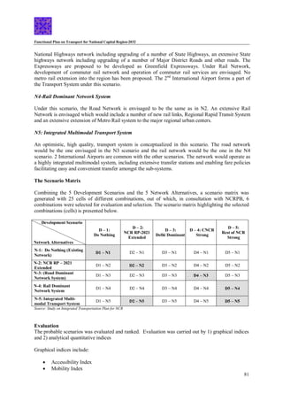 Functional Plan on Transport for National Capital Region-2032
81
National Highways network including upgrading of a number of State Highways, an extensive State
highways network including upgrading of a number of Major District Roads and other roads. The
Expressways are proposed to be developed as Greenfield Expressways. Under Rail Network,
development of commuter rail network and operation of commuter rail services are envisaged. No
metro rail extension into the region has been proposed. The 2nd
International Airport forms a part of
the Transport System under this scenario.
N4-Rail Dominant Network System
Under this scenario, the Road Network is envisaged to be the same as in N2. An extensive Rail
Network is envisaged which would include a number of new rail links, Regional Rapid Transit System
and an extensive extension of Metro Rail system to the major regional urban centers.
N5: Integrated Multimodal Transport System
An optimistic, high quality, transport system is conceptualized in this scenario. The road network
would be the one envisaged in the N3 scenario and the rail network would be the one in the N4
scenario. 2 International Airports are common with the other scenarios. The network would operate as
a highly integrated multimodal system, including extensive transfer stations and enabling fare policies
facilitating easy and convenient transfer amongst the sub-systems.
The Scenario Matrix
Combining the 5 Development Scenarios and the 5 Network Alternatives, a scenario matrix was
generated with 25 cells of different combinations, out of which, in consultation with NCRPB, 6
combinations were selected for evaluation and selection. The scenario matrix highlighting the selected
combinations (cells) is presented below.
Development Scenario
Network Alternatives
D – 1:
Do Nothing
D – 2:
NCR RP-2021
Extended
D – 3:
Delhi Dominant
D – 4: CNCR
Strong
D – 5:
Rest of NCR
Strong
N-1: Do Nothing (Existing
Network)
D1 – N1 D2 – N1 D3 – N1 D4 – N1 D5 – N1
N-2: NCR RP – 2021
Extended
D1 – N2 D2 – N2 D3 – N2 D4 – N2 D5 – N2
N-3: (Road Dominant
Network System)
D1 – N3 D2 – N3 D3 – N3 D4 – N3 D5 – N3
N-4: Rail Dominant
Network System
D1 – N4 D2 – N4 D3 – N4 D4 – N4 D5 – N4
N-5: Integrated Multi-
modal Transport System
D1 – N5 D2 – N5 D3 – N5 D4 – N5 D5 – N5
Source: Study on Integrated Transportation Plan for NCR
Evaluation
The probable scenarios was evaluated and ranked. Evaluation was carried out by 1) graphical indices
and 2) analytical quantitative indices
Graphical indices include:
 Accessibility Index
 Mobility Index
 
