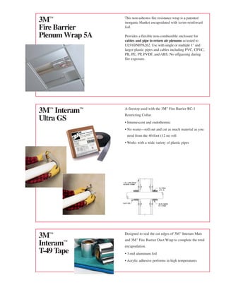 3™              This non-asbestos fire resistance wrap is a patented
                 inorganic blanket encapsulated with scrim-reinforced
Fire Barrier     foil.

Plenum Wrap 5A   Provides a flexible non-combustible enclosure for
                 cables and pipe in return air plenums as tested to
                 UL910/NFPA262. Use with single or multiple 1" and
                 larger plastic pipes and cables including PVC, CPVC,
                 PB, PE, PP, PVDF, and ABS. No offgassing during
                 fire exposure.




3™ Interam™     A firestop used with the 3™ Fire Barrier RC-1
                 Restricting Collar.
Ultra GS         • Intumescent and endothermic
                 • No waste—roll out and cut as much material as you
                  need from the 40-foot (12 m) roll
                 • Works with a wide variety of plastic pipes




3™              Designed to seal the cut edges of 3™ Interam Mats
                 and 3™ Fire Barrier Duct Wrap to complete the total
Interam™         encapsulation.
T-49 Tape        • 3-mil aluminum foil
                 • Acrylic adhesive performs in high temperatures
 