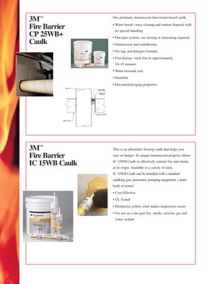 3™             Our premium, intumescent latex/water-based caulk.

                • Water based—easy cleanup and routine disposal with
Fire Barrier     no special handling
CP 25WB+        • One-part system—no mixing or measuring required
Caulk           • Intumescent and endothermic
                • No-sag, non-halogen formula
                • Fast-drying—tack-free in approximately
                 10–15 minutes
                • Water-resistant seal
                • Paintable
                • Documented aging properties




3™             This is an affordable firestop caulk that helps you

Fire Barrier    stay on budget. Its unique intumescent property allows

IC 15WB Caulk   IC 15WB Caulk to effectively contain fire and smoke
                at its origin. Available in a variety of sizes,
                IC 15WB Caulk can be installed with a standard
                caulking gun, pneumatic pumping equipment, a putty
                knife or trowel.
                • Cost Effective
                • UL Tested
                • Distinctive yellow color makes inspections easier
                • For use as a one-part fire, smoke, noxious gas and
                 water sealant
 