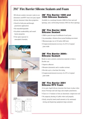 3™ Fire Barrier Silicone Sealants and Foam
3M silicone sealants (one-part, ready-to-use   3™ Fire Barrier 1000 and
elastomers) and RTV foam (two-part, liquid-    1003 Silicone Sealants
silicone elastomer) share these properties:    Available in a nonslump formula (1000) for floor and wall

• Good for both joint and through-             openings, and a self-leveling formula (1003) for floor openings.

 penetration applications
• Re-enterable/repairable
                                               3™ Fire Barrier 2000
• Excellent weatherability and sound-
                                               Silicone Sealant
 barrier properties
                                               • 2000 is great for top-of-wall/head-of-wall joints
• Cure upon exposure to
                                               • Accommodates vibration from normal building movement
 atmospheric humidity
                                               • Maximum pipe size of 24 inches (609 mm)
                                               • Compression/extension recovery of ±31% of original
                                                joint width



                                               3™ Fire Barrier 2000+
                                               Silicone Sealant
                                               Bonds to most common construction materials to form a
                                               flexible seal.

                                               • Superior adhesion
                                               • Remains elastomeric and is weather resistant
                                               • Provides up to a four-hour fire-rating
                                               • Compression/extension recovery of ±15% of original
                                                joint width




                                               3™ Fire Barrier 2001
                                               Silicone RTV Foam
                                               A two-part, liquid-silicone elastomer that foams in place when
                                               mixed. Firestops and seals large and complex penetrations.

                                               • Cures in 1–5 minutes to form an elastomeric compression seal
                                               • No ampacity derating of cables when used properly
                                               • Easily mixed by hand (small amounts) or by automated
                                                mixing and dispensing equipment (large amounts)
 