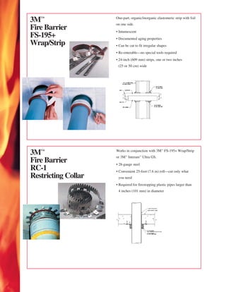 3™                  One-part, organic/inorganic elastomeric strip with foil
                     on one side.
Fire Barrier         • Intumescent
FS-195+              • Documented aging properties
Wrap/Strip           • Can be cut to fit irregular shapes
                     • Re-enterable—no special tools required
                     • 24-inch (609 mm) strips, one or two inches
                      (25 or 50 cm) wide




3™                  Works in conjunction with 3™ FS-195+ Wrap/Strip
                     or 3™ Interam™ Ultra GS.
Fire Barrier         • 28-gauge steel
RC-1                 • Convenient 25-foot (7.6 m) roll—cut only what
Restricting Collar    you need
                     • Required for firestopping plastic pipes larger than
                      4 inches (101 mm) in diameter
 