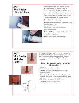 3™                      This is a one piece metal collar assembly encasing
                         3M’s heat expanding 3™ Interam™ Ultra GS
Fire Barrier             (intumescent) material. The 3M Ultra RC Pack is used
Ultra RC Pack            for new and retrofit installations and will accommodate
                         2 inch (50 mm), 3 inch (76 mm) and 4 inch (102 mm)
                         schedule 40 drain, waste and vent pipe systems.
                         • Patented Ultra Fast anchoring system
                         • Proven technology—intumescent action quickly seals
                           off plastic pipe in a fire
                         • UL Classified—meets code requirements,
                           universally recognized
                         • Embossed 3M logo—easily identified as a fire rated
                           device during inspections
                         • Factory made—assures consistent quality




3™             3M Fire Barrier Moldable Putty + is a one-part, halogen-free
                product designed to firestop electrical outlet boxes and a wide
Fire Barrier    variety of through-penetrations including cable, conduit,
                insulated pipe and metal pipe, which penetrate fire-rated
Moldable        construction.

Putty+             Here are five reasons to use 3M Fire Barrier
                                Moldable Putty+:
                1. Pliable. Easy to mold into any shape.

                2. Adheres. Sticks well to most surfaces but not to the
                   applicator’s hands.

                3. Conformable. Pads easily conform and adhere to a wide
                   variety of metallic and non-metallic electrical outlet boxes.

                4. UL Listed. Wide range of UL Listed systems.

                5. Ages Well. Excellent aging properties.
 