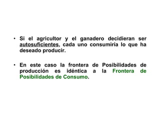 Si el agricultor y el ganadero decidieran ser  autosuficientes , cada uno consumiría lo que ha deseado producir. En este caso la frontera de Posibilidades de producción es idéntica a la  Frontera de Posibilidades de Consumo . 