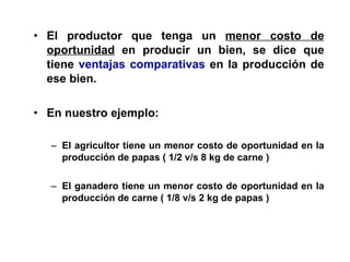 El productor que tenga un  menor costo de oportunidad  en producir un bien, se dice que tiene  ventajas comparativas  en la producción de ese bien. En nuestro ejemplo: El agricultor tiene un menor costo de oportunidad en la producción de papas ( 1/2 v/s 8 kg de carne ) El ganadero tiene un menor costo de oportunidad en la producción de carne ( 1/8 v/s 2 kg de papas ) 