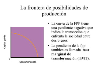 La frontera de posibilidades de producción La curva de la FPP tiene una pendiente negativa que indica la transacción que enfrenta la sociedad entre dos bienes. La pendiente de la fpp también es llamada  tasa marginal de transformación (TMT). 