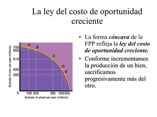 La ley del costo de oportunidad creciente La forma  cóncava  de la FPP refleja la  ley del costo de oportunidad creciente. Conforme incrementamos la producción de un bien, sacrificamos progresivamente más del otro. 