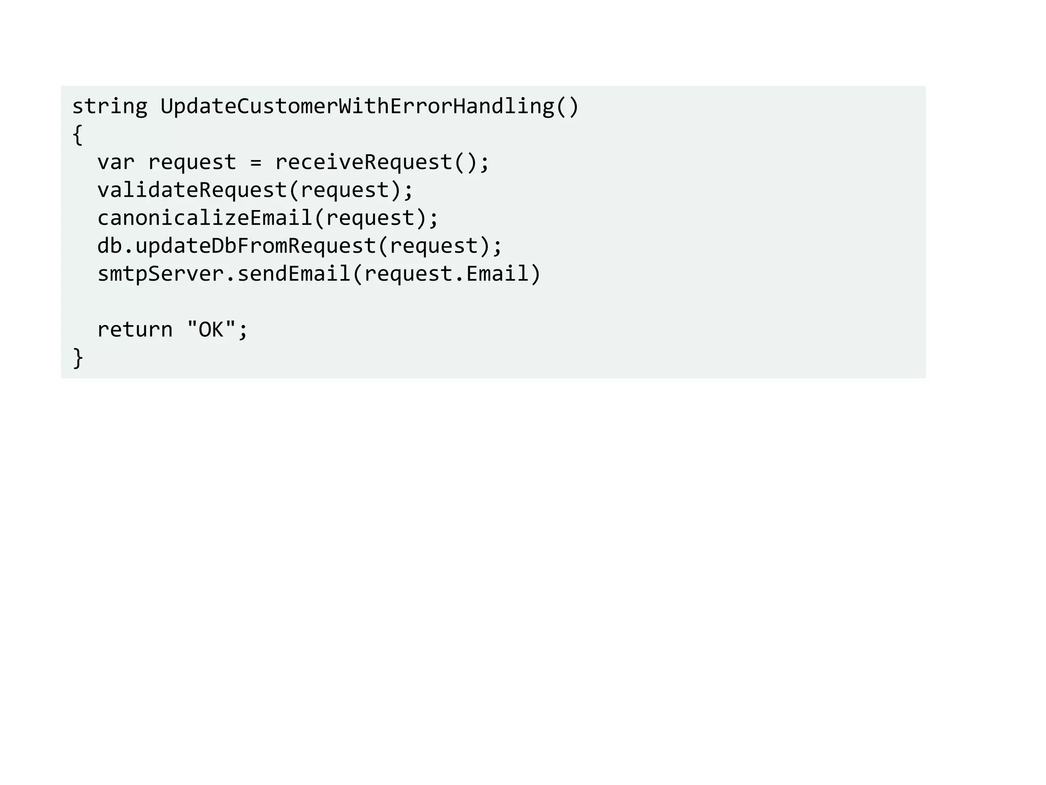 string UpdateCustomerWithErrorHandling()
{
var request = receiveRequest();
validateRequest(request);
canonicalizeEmail(request);
db.updateDbFromRequest(request);
smtpServer.sendEmail(request.Email)
return "OK";
}
 
