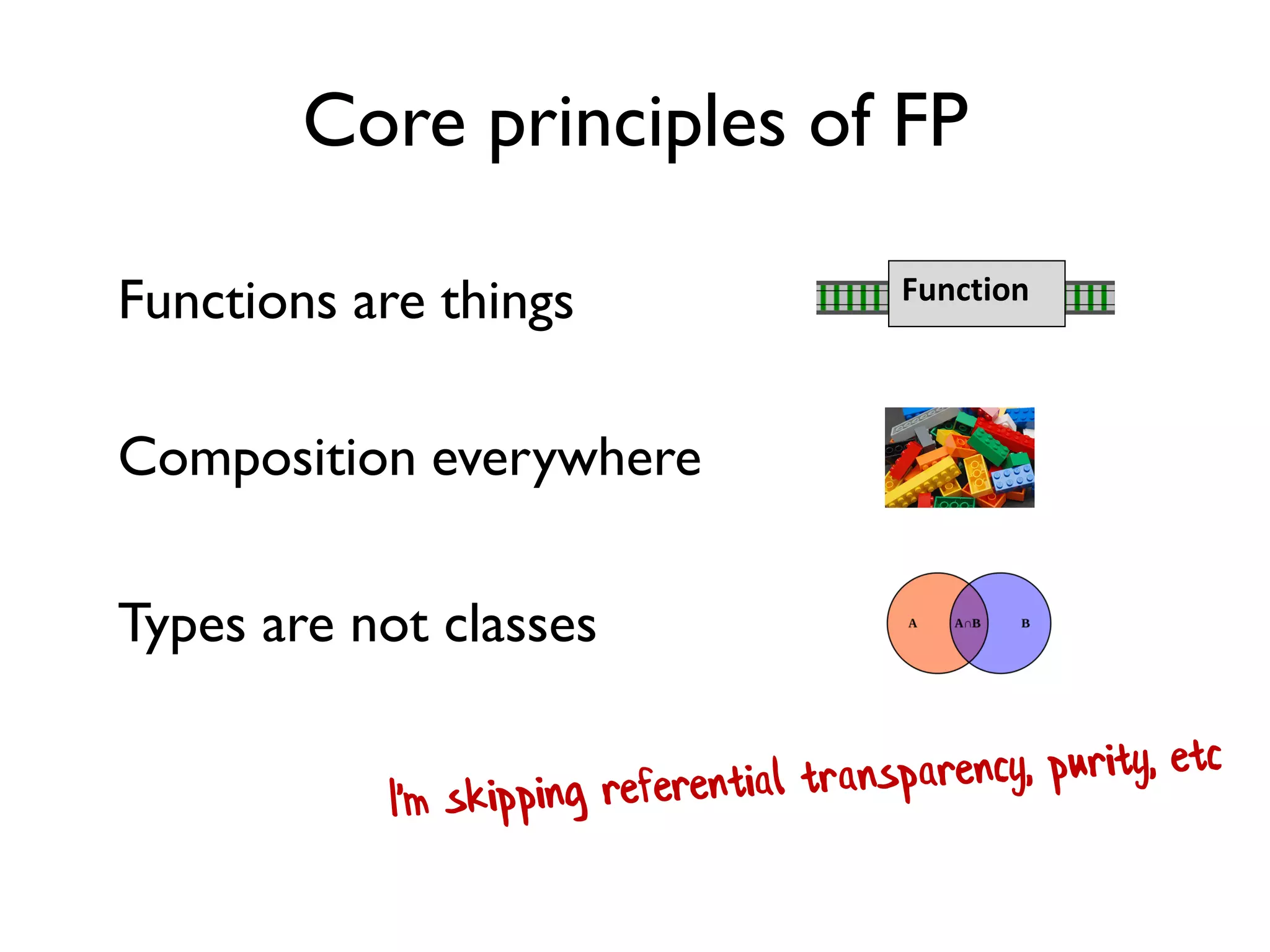 Core principles of FP
Function
Types are not classes
Functions are things
Composition everywhere
 