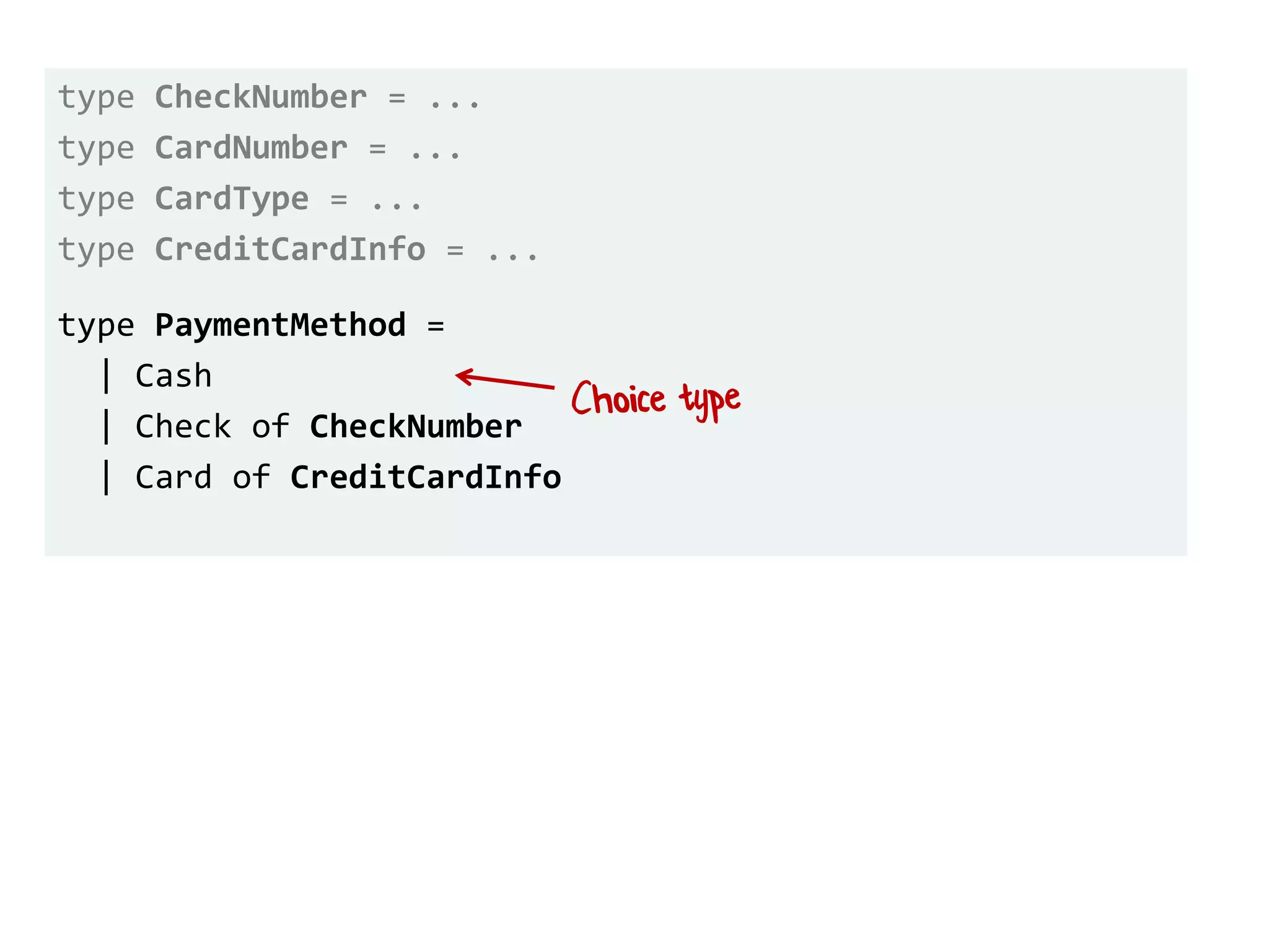 type CheckNumber = ...
type CardNumber = ...
type CardType = ...
type CreditCardInfo = ...
type PaymentMethod =
| Cash
| Check of CheckNumber
| Card of CreditCardInfo
 