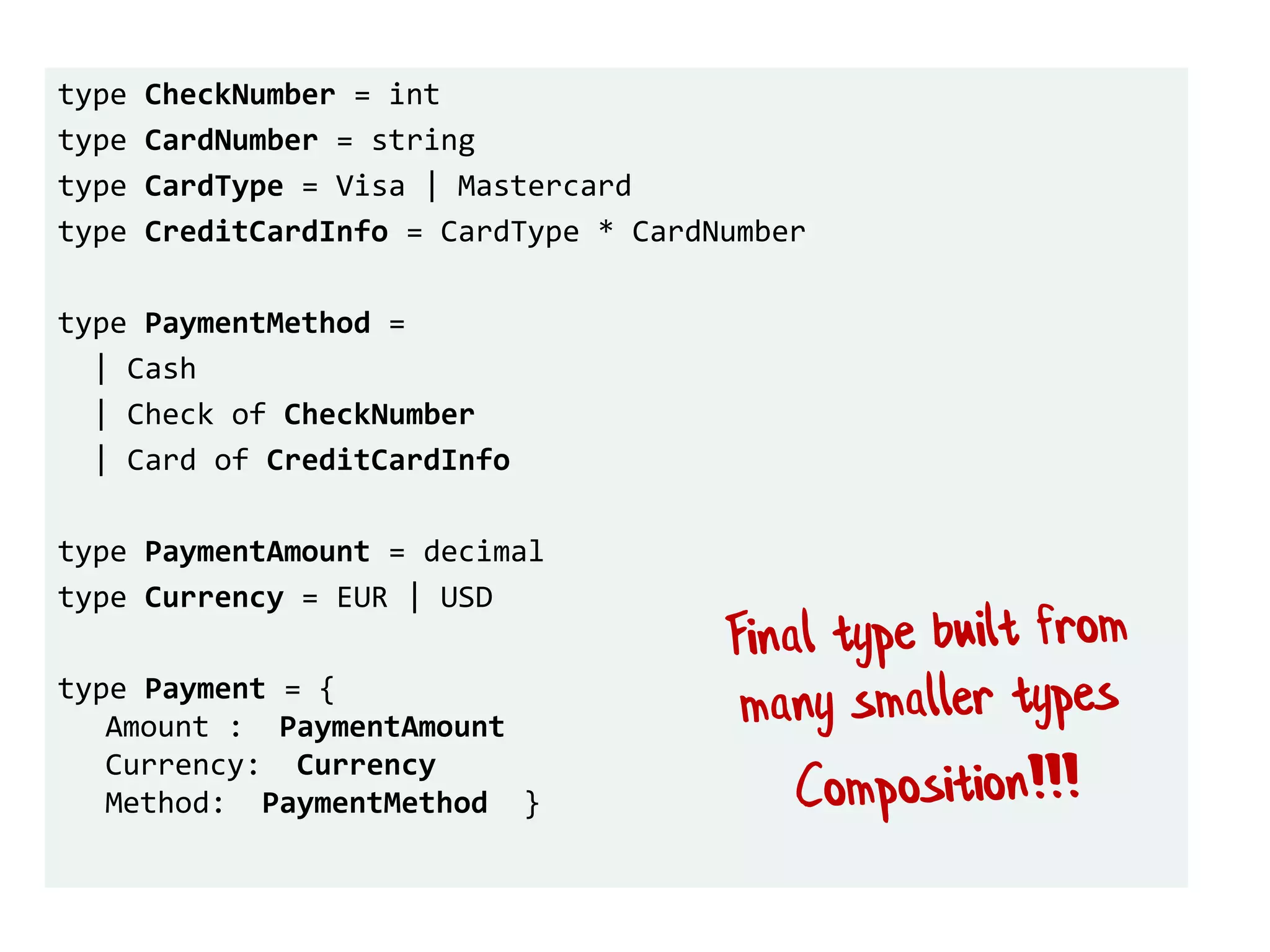 type CheckNumber = int
type CardNumber = string
type CardType = Visa | Mastercard
type CreditCardInfo = CardType * CardNumber
type PaymentMethod =
| Cash
| Check of CheckNumber
| Card of CreditCardInfo
type PaymentAmount = decimal
type Currency = EUR | USD
type Payment = {
Amount : PaymentAmount
Currency: Currency
Method: PaymentMethod }
 
