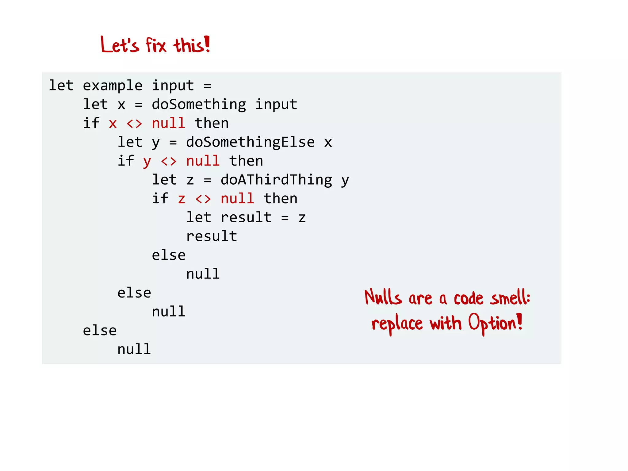 let example input =
let x = doSomething input
if x <> null then
let y = doSomethingElse x
if y <> null then
let z = doAThirdThing y
if z <> null then
let result = z
result
else
null
else
null
else
null
Nulls are a code smell:
replace with Option!
Let's fix this!
 