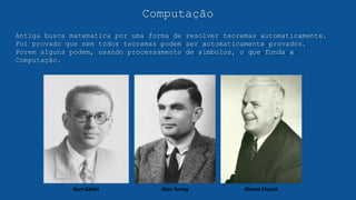Computação
Antiga busca matematica por uma forma de resolver teoremas automaticamente.
Foi provado que nem todos teoremas podem ser automaticamente provados.
Porem alguns podem, usando processamento de simbolos, o que funda a
Computação.
 