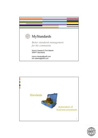 MyStandards
Better standards management
for the community
Kiyono Hasaka & Tom Alaerts
SWIFT Standards
kiyono.hasaka@swift.com
tom.alaerts@swift.com
2
Automation of
business processes
Standards
 