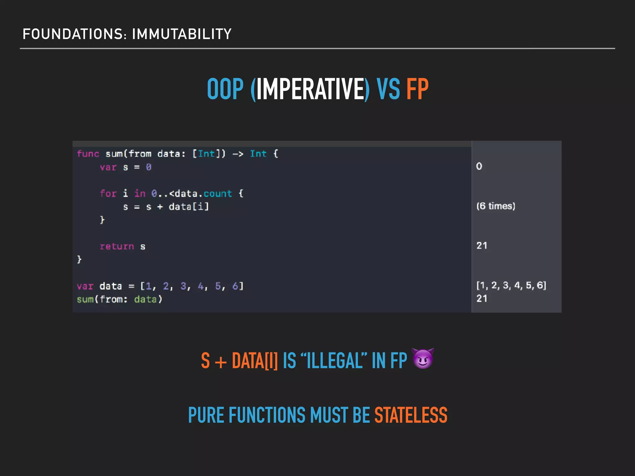 FOUNDATIONS: IMMUTABILITY
OOP (IMPERATIVE) VS FP
S + DATA[I] IS “ILLEGAL” IN FP 😈
PURE FUNCTIONS MUST BE STATELESS
 