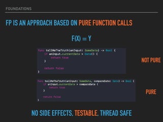 FOUNDATIONS
F(X) = Y
FP IS AN APPROACH BASED ON PURE FUNCTION CALLS
NOT PURE
NO SIDE EFFECTS, TESTABLE, THREAD SAFE
PURE
 