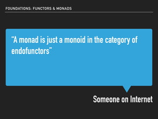 “A monad is just a monoid in the category of
endofunctors”
Someone on Internet
FOUNDATIONS: FUNCTORS & MONADS
 