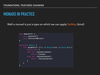 FOUNDATIONS: FEATURES CHAINING
MONADS IN PRACTICE
Well a monad is just a type on which we can apply ﬂatMap (bind)
 