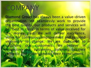 Diamond Group has always been a value-driven
organization. We seamlessly work to provide
the best quality, our products and services will
be "best in class" in terms of value received for
the money paid. We will deliver excellence,
strive for continuous improvement and respond
vigorously to change. We are dedicated to
satisfying our customers. We believe in
respecting our customers, listening to their
requests and understanding their expectations.
 