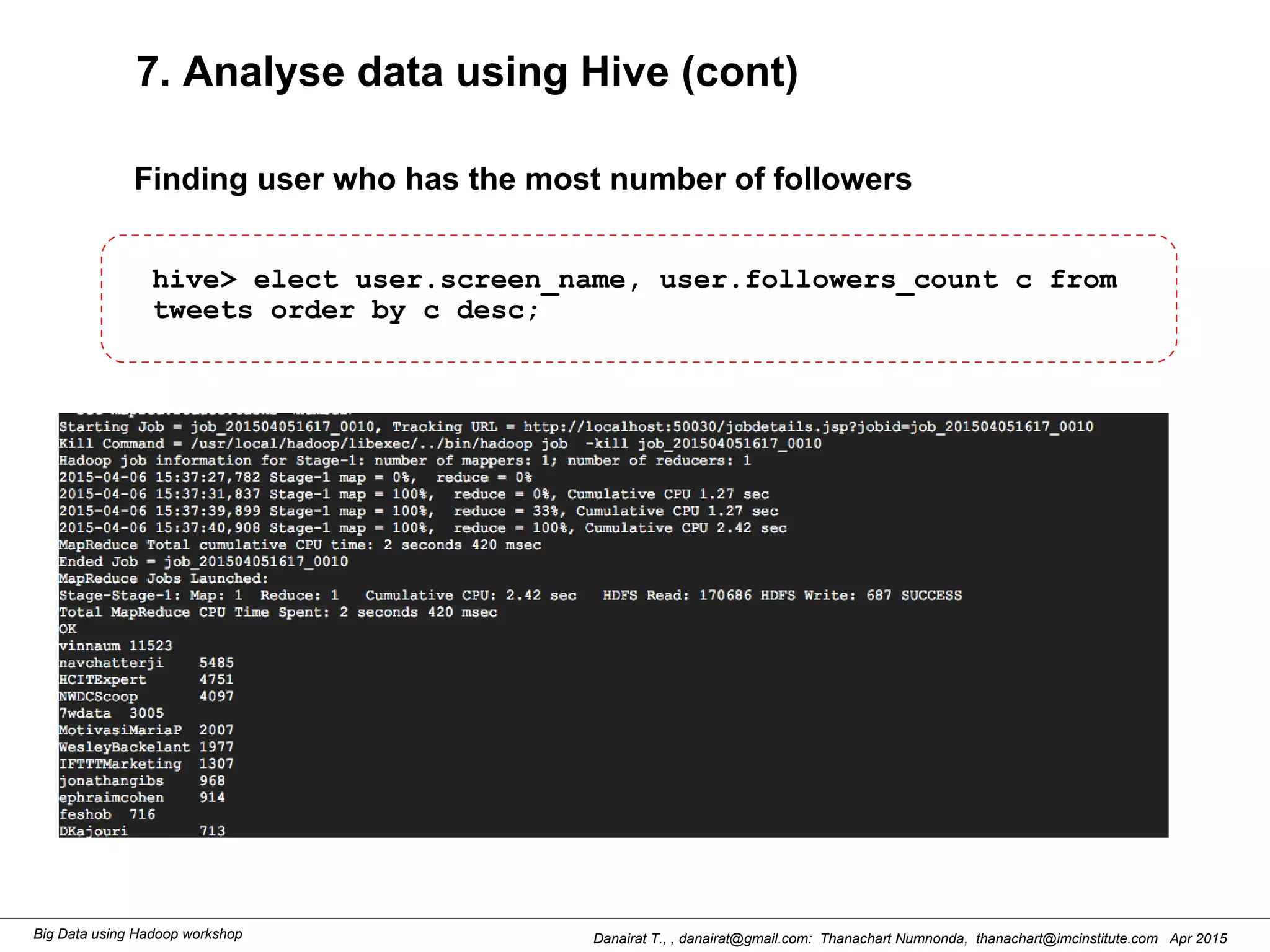 Danairat T., , danairat@gmail.com: Thanachart Numnonda, thanachart@imcinstitute.com Apr 2015Big Data using Hadoop workshop
7. Analyse data using Hive (cont)
hive> elect user.screen_name, user.followers_count c from
tweets order by c desc;
Finding user who has the most number of followers
 