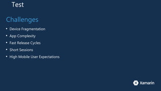 Test
Challenges
• Device Fragmentation
• App Complexity
• Fast Release Cycles
• Short Sessions
• High Mobile User Expectations
 