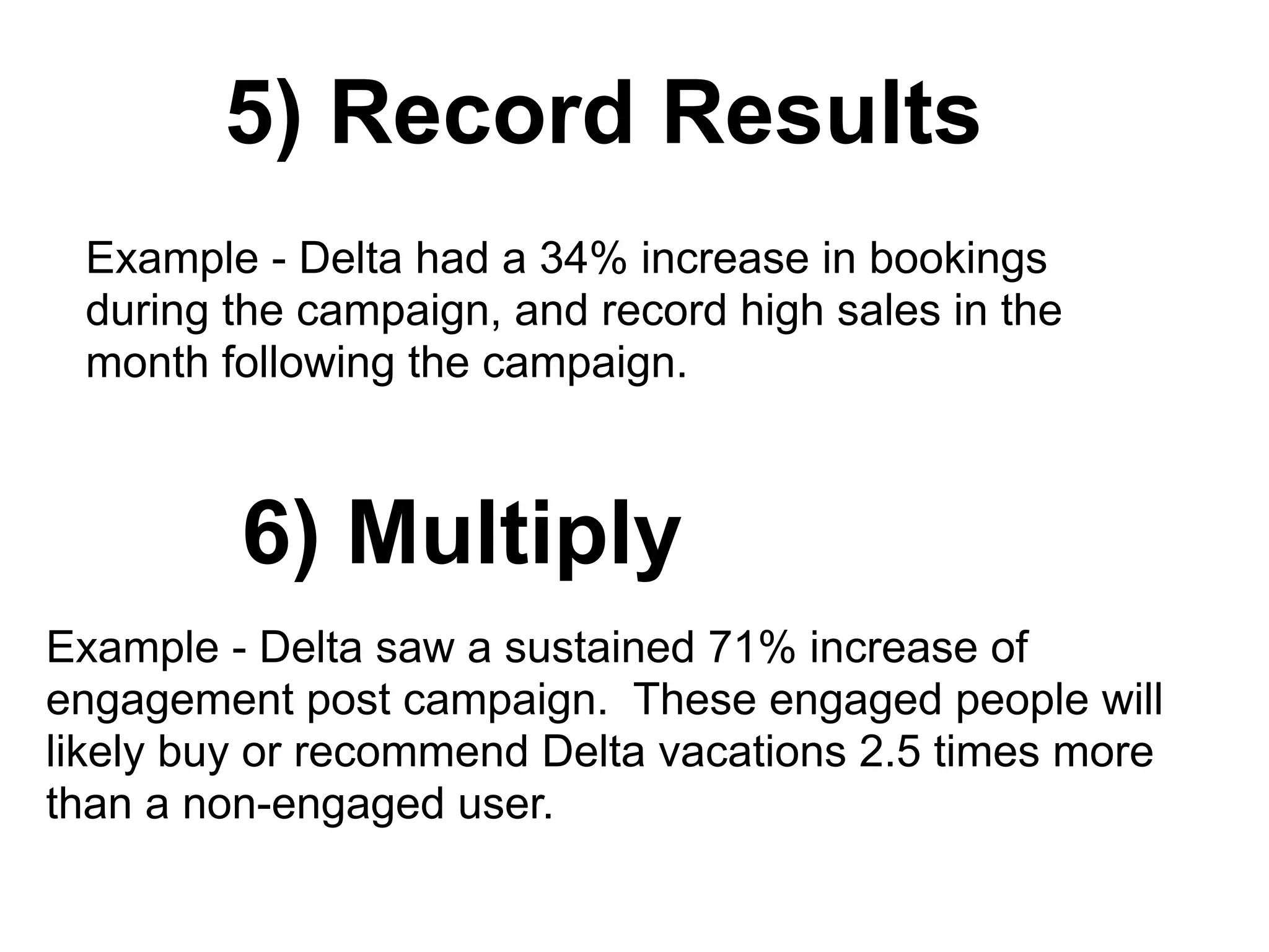 5) Record Results
Example - Delta had a 34% increase in bookings
during the campaign, and record high sales in the
month following the campaign.
6) Multiply
Example - Delta saw a sustained 71% increase of
engagement post campaign. These engaged people will
likely buy or recommend Delta vacations 2.5 times more
than a non-engaged user.
 