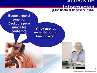 Activos de Información ¿Qué haría si le pasara esto? Bueno… que sí tenemos Backup’s pero nunca los probamos Y hoy que los necesitamos no funcionaron. 