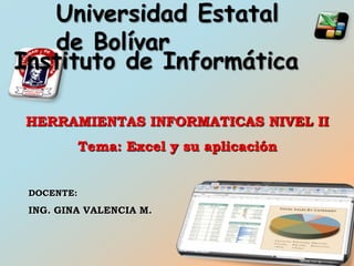 Universidad Estatal de Bolívar Instituto de Informática HERRAMIENTAS INFORMATICAS NIVEL II Tema: Excel y su aplicación DOCENTE:  ING. GINA VALENCIA M. 