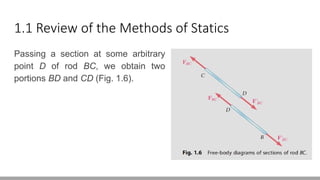 1.1 Review of the Methods of Statics
Passing a section at some arbitrary
point D of rod BC, we obtain two
portions BD and CD (Fig. 1.6).
 