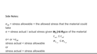 Side Notes:
σall = stress allowable = the allowed stress that the material could
take
σ = stress actual / actual stress given by the force of the material
σ< or =σall
stress actual < stress allowable
or
stress actual = stress allowable
 